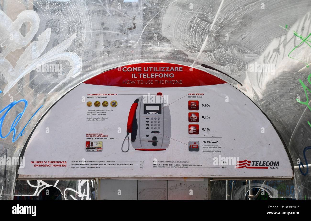 Close-up of the instructions for using a public telephone booth operated by Telecom Italia, in Via Paolo Sarpi, Chinatown neighbourhood, Milan, Italy Stock Photo