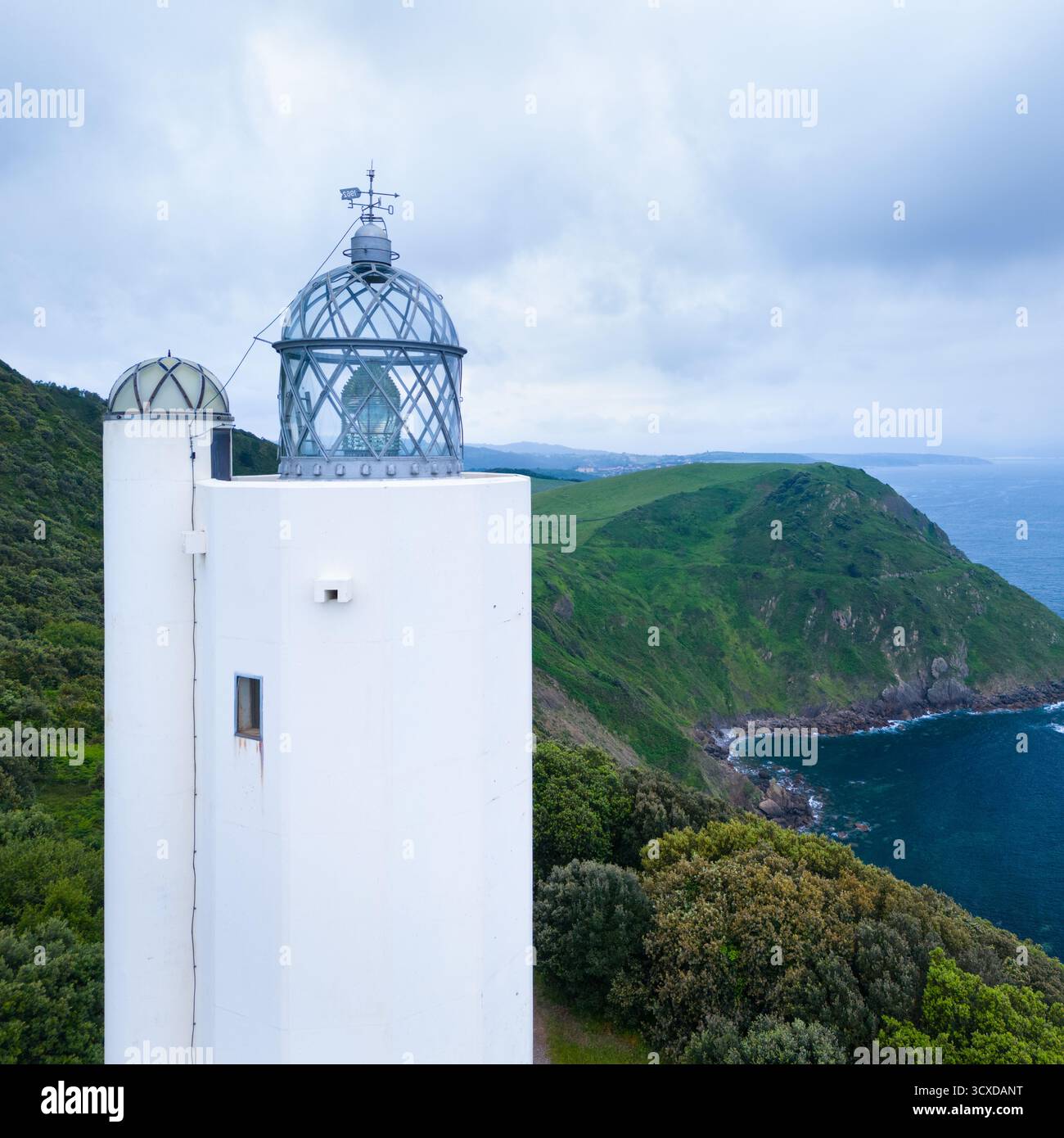 Basque Lighthouse Aerial view from a drone of the Gorliz lighthouse, located on Cape ...