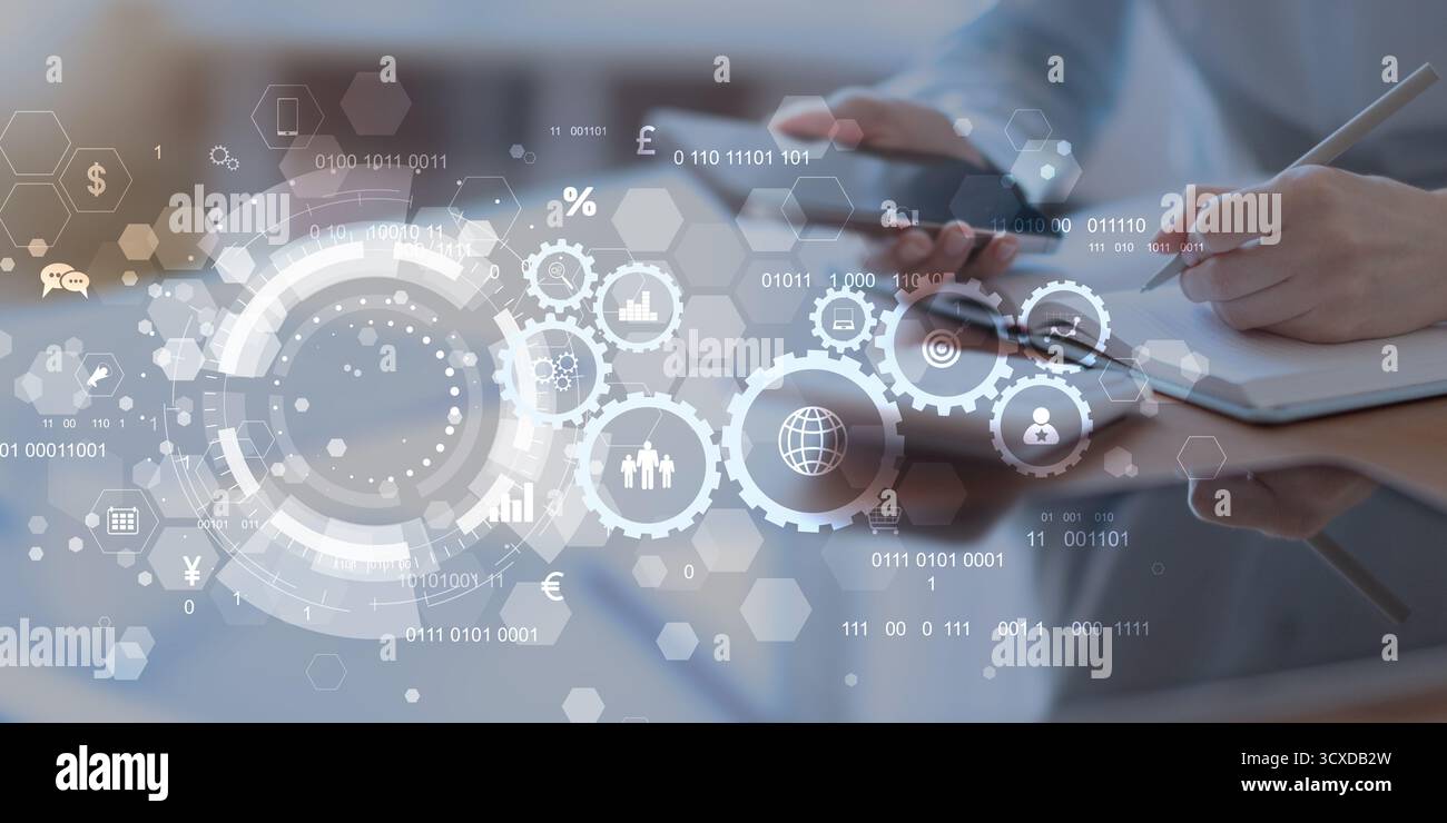 Digital Workflow and Automation System with Virtual Interface on Tablet Touchscreen. Stock Photo