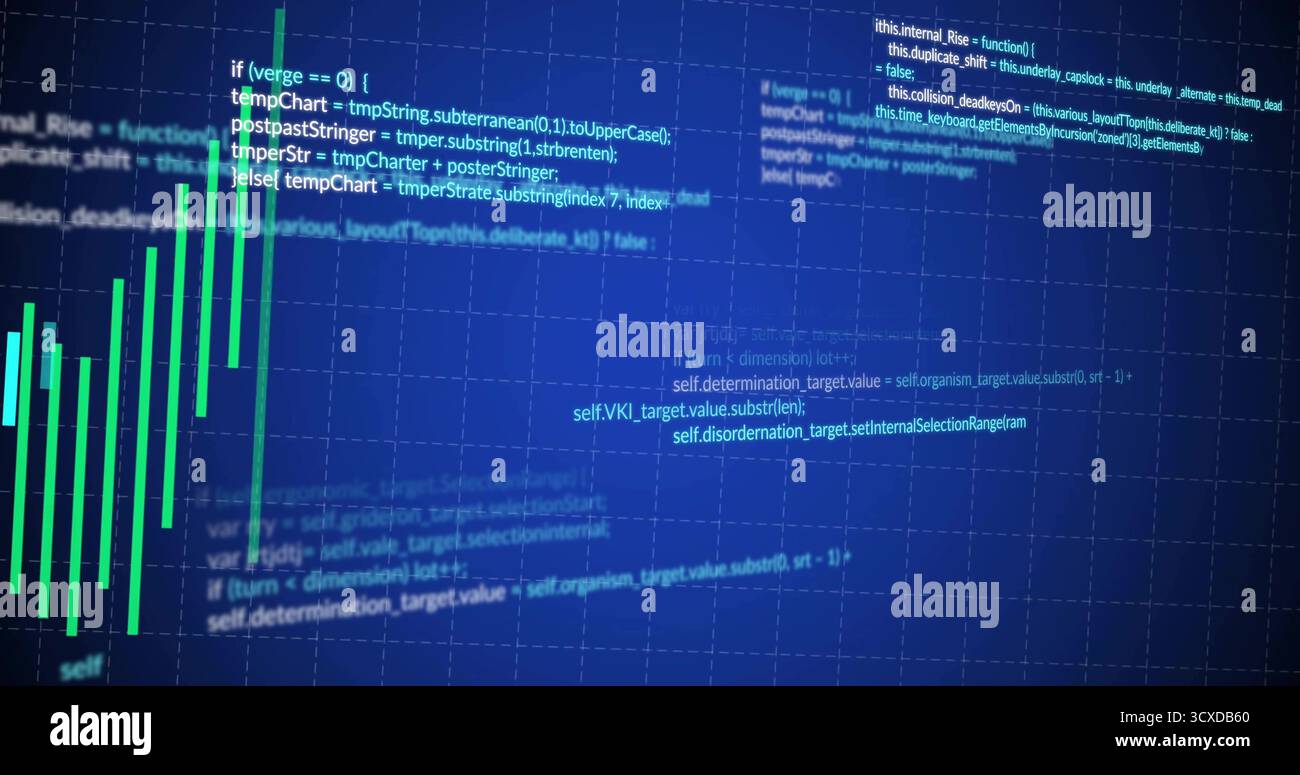 Displaying green vertical bar chart on analytics dashboard grid, with overlaid white code snippets Stock Photo