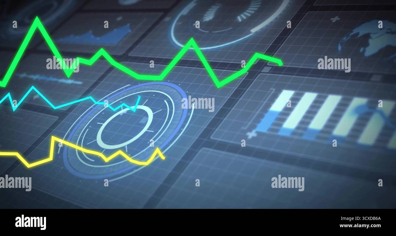 Displaying dashboard in control interface, with three neon line graphs, circular gauges, bar chart Stock Photo