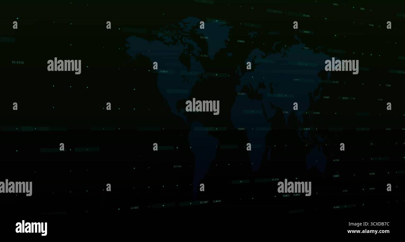 Showing blue world map silhouette on dashboard, with alphanumeric labels and glowing data points Stock Photo