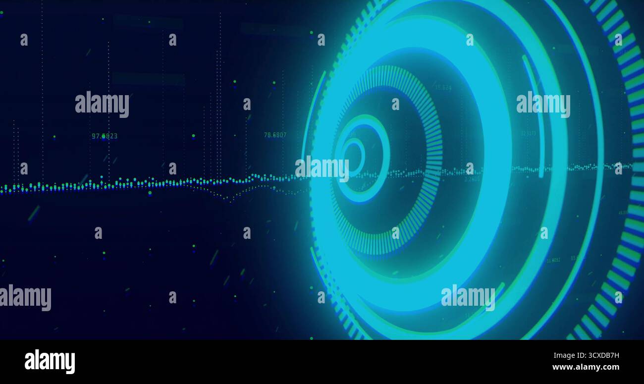 Presenting interface on screen showing concentric neon blue circles with waveform data, copy space Stock Photo