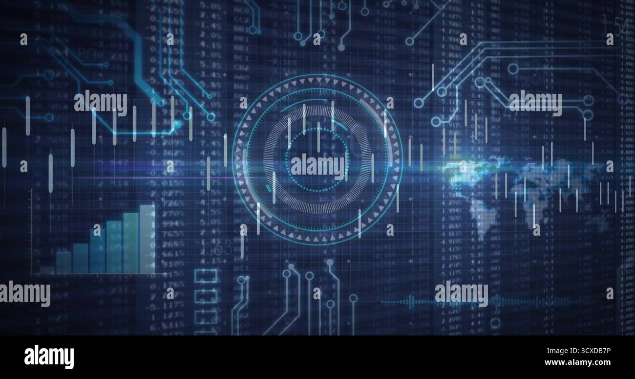 Displaying HUD graphic on screen with bar chart, circuit traces, code streams, world map silhouette Stock Photo