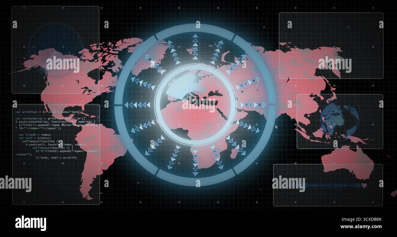 Displaying overlay highlighting Europe, Africa on grid UI, with code panel, charts and arrow icons Stock Photo