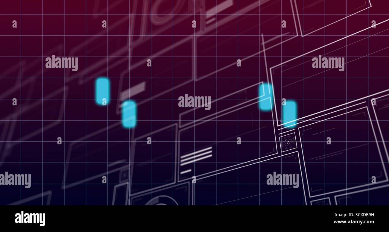 Displaying interface in digital space using white grid lines, outlined panels and four cyan markers Stock Photo