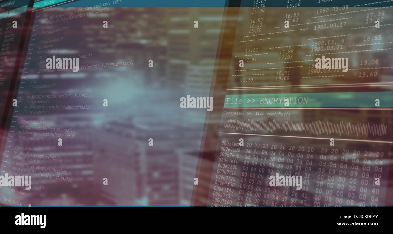 Displaying interface showing code, tables, hex grid, waveform, encryption label on computer screen Stock Photo