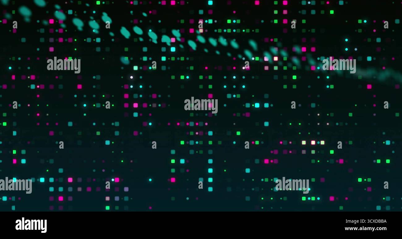 Floating neon squares and circular dots forming data grid in dark virtual space, digital interface Stock Photo