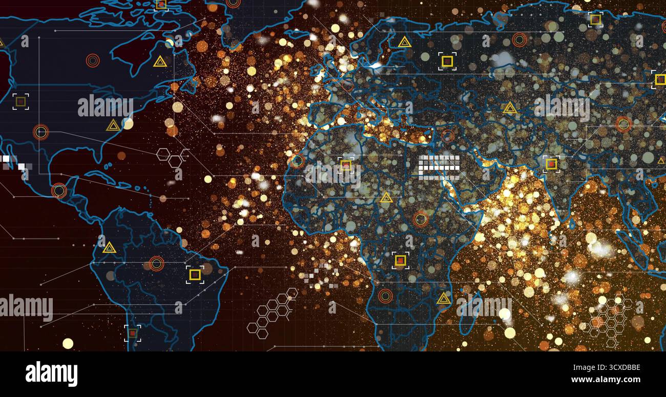 Displaying digital world map showing glowing data points and network lines on interface, with icons Stock Photo