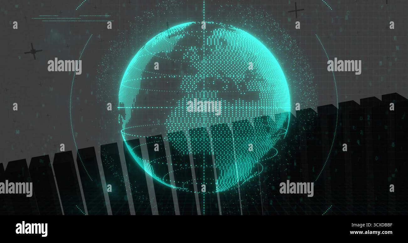 Displaying teal dotted mesh globe hovering in virtual data space, with UI arcs and black bars Stock Photo