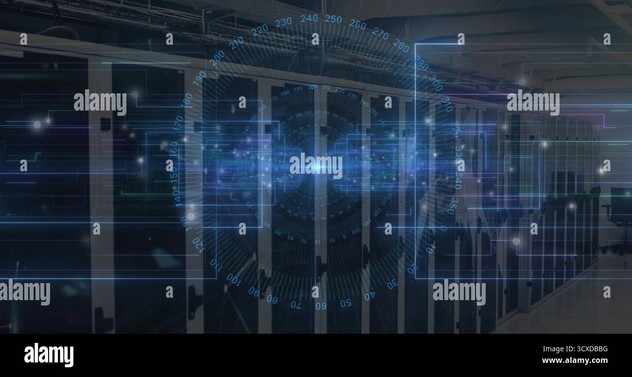 Projecting holographic interface on central black server racks in data center with cable trays Stock Photo