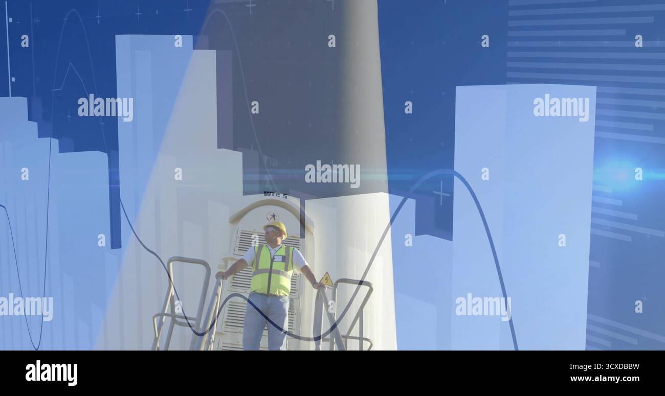 Inspecting technician wearing helmet, vest and gloves on wind turbine platform, with data overlays Stock Photo