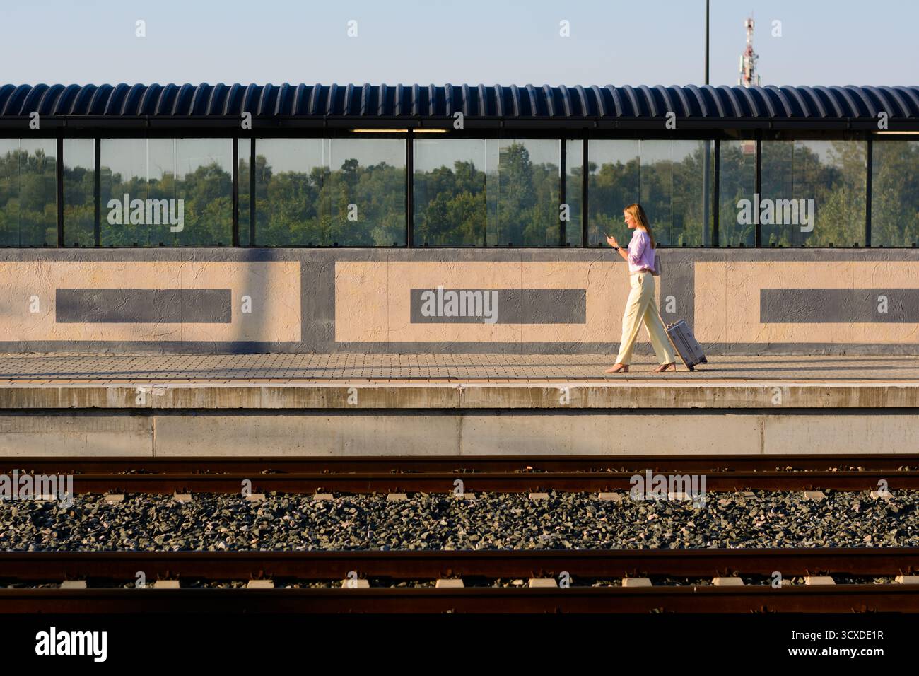Elegant businesswoman walking confidently with suitcase and using mobile at the train station. Copy space for your text or advertisement. Stock Photo
