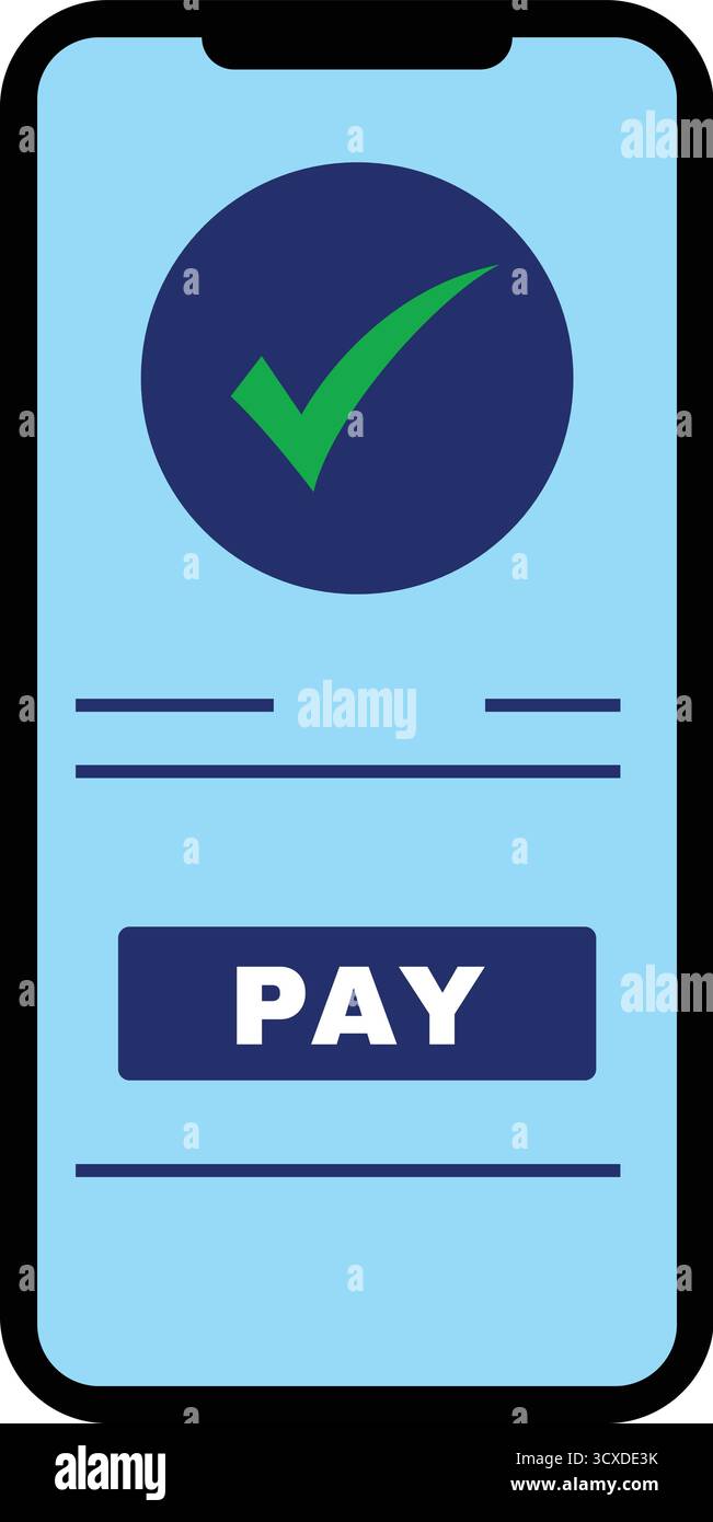 Smartphone screen displaying a mobile payment interface. The background is light blue with a large checkmark inside a dark blue circle at the top, ind Stock Vector