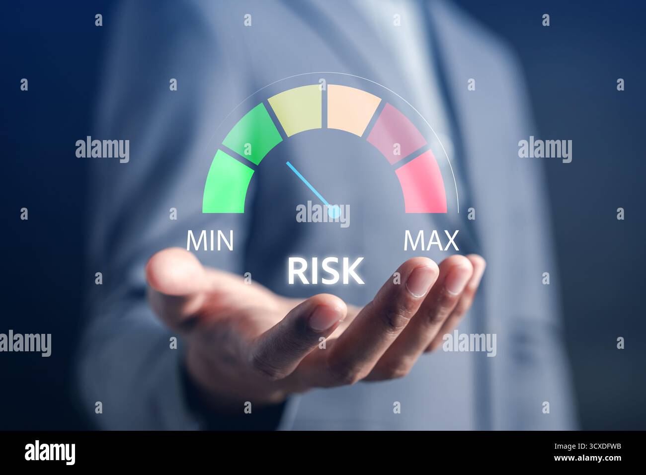 Risk management digital gauge showing risk level from minimum to ...