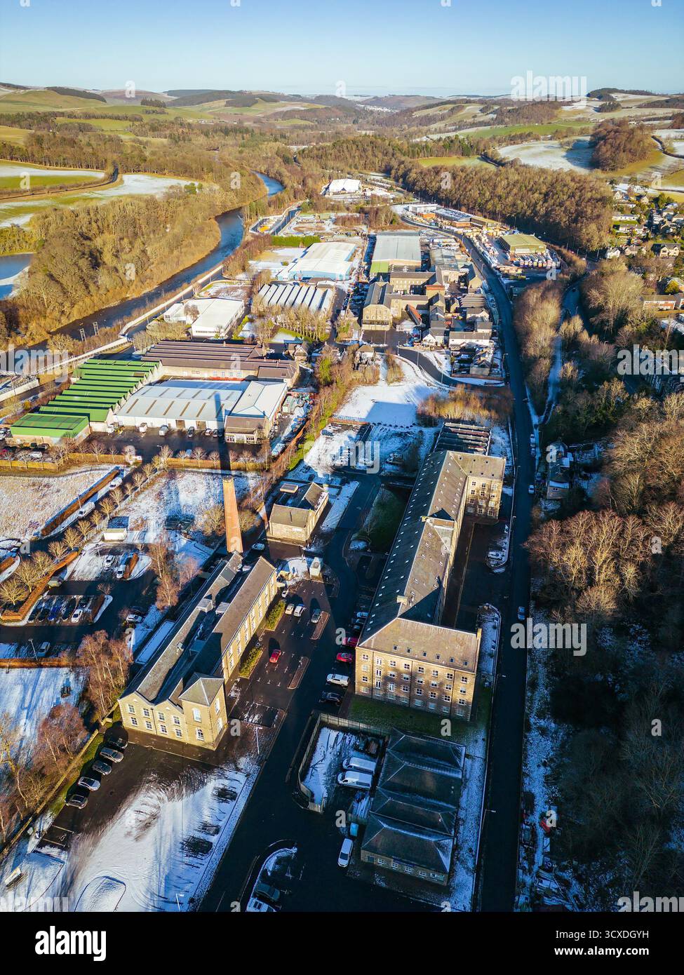 Aerial view in Winter of Ettrick riverside Industrial Estate, Selkirk ...