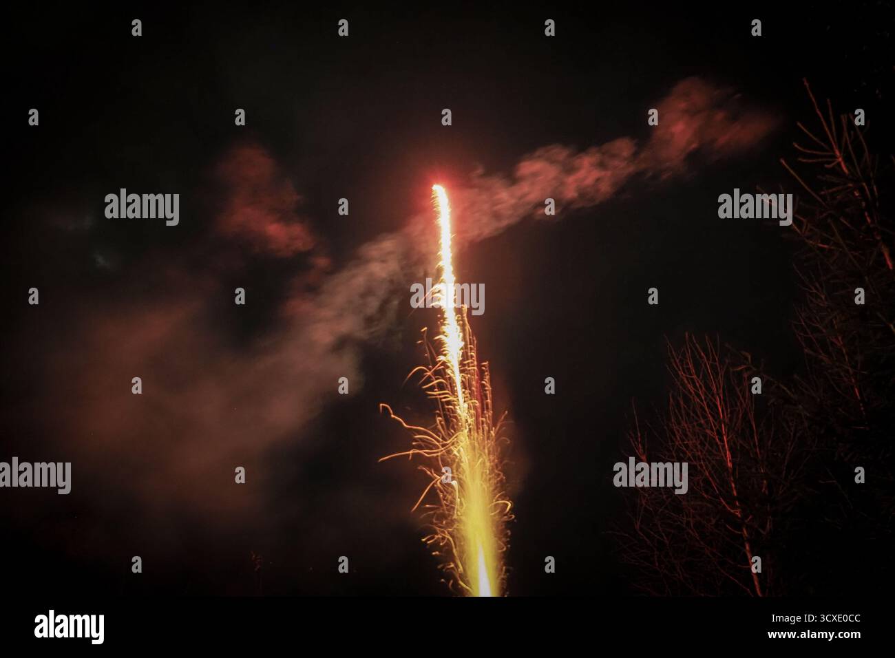 Firework rocket launching into the night sky during New Year’s ...