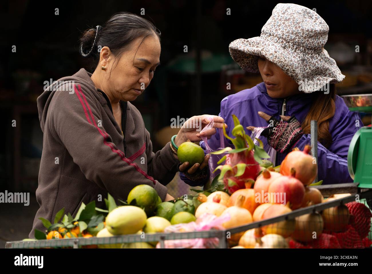 Women selecting fruit at a traditional food market in Hoi An, Vietnam ...