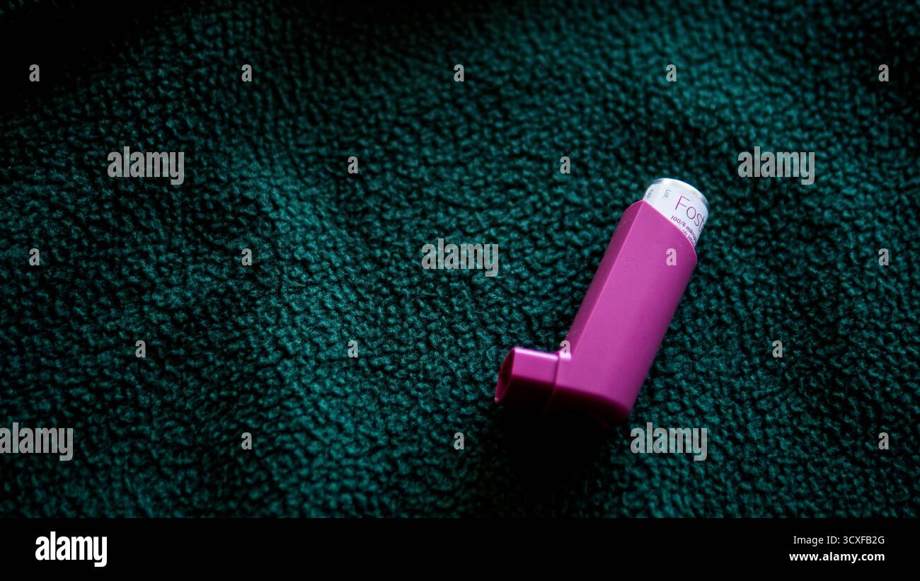 Green Inhalder Purple Asthma Inhaler on Green Fabric Background Stock Photo - Alamy