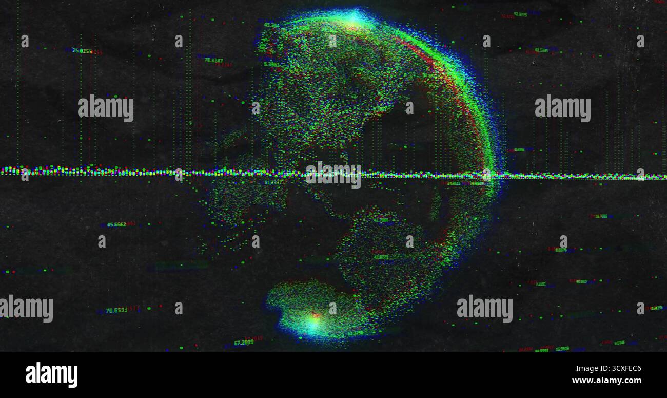 Spinning 3D point-cloud hemisphere in space with horizontal data line numeric labels, RGB artifacts Stock Photo