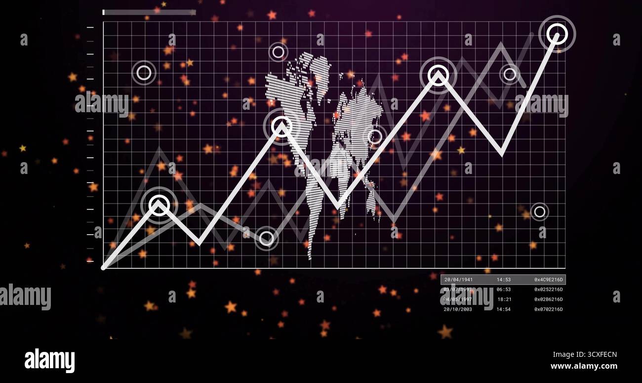 Displaying futuristic data dashboard, featuring world map white line graph and orange particles Stock Photo