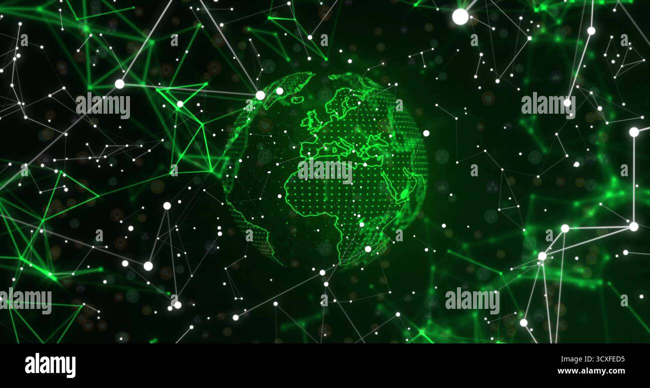 Hovering neon-green wireframe globe showing Europe, Africa in network ...