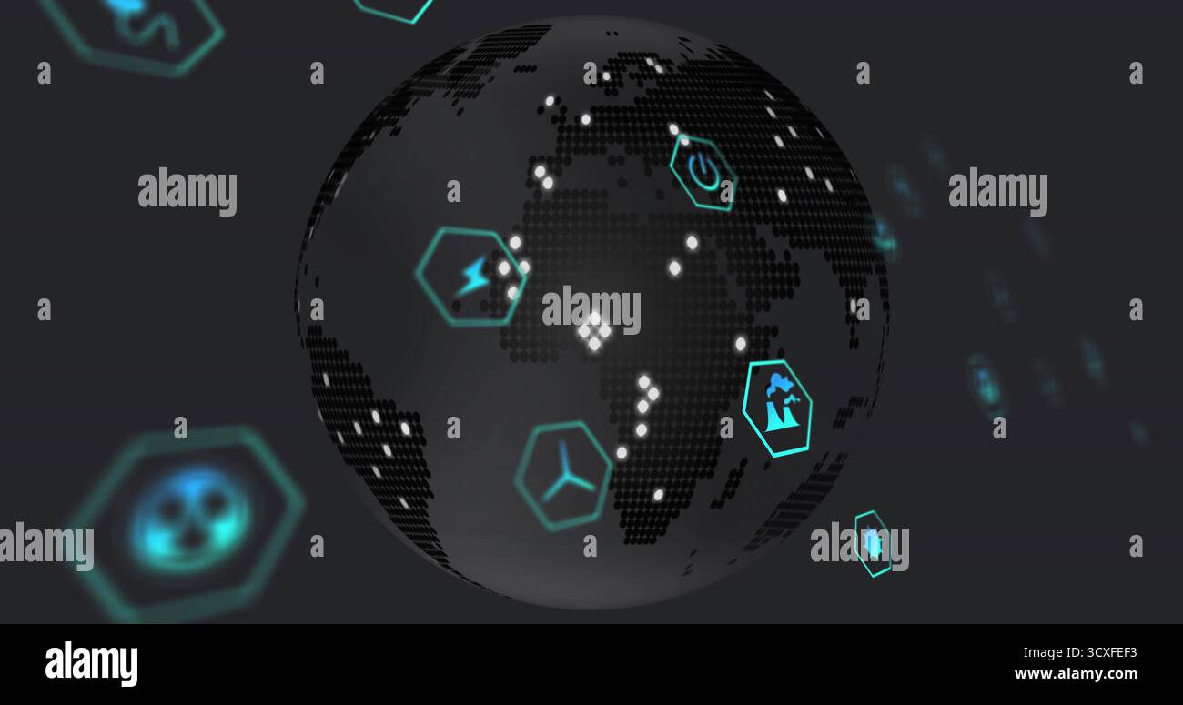 Dot-matrix globe rotating in lab, cyan hex frames power lightning flask propeller icons datapoints Stock Photo
