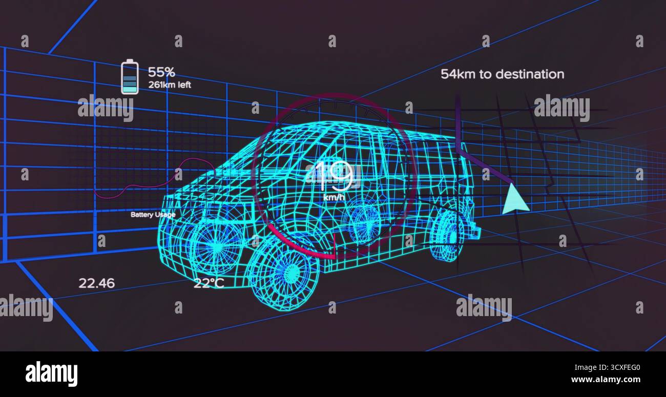 Displaying bright cyan wireframe van model floating within grid environment, with HUD overlays Stock Photo