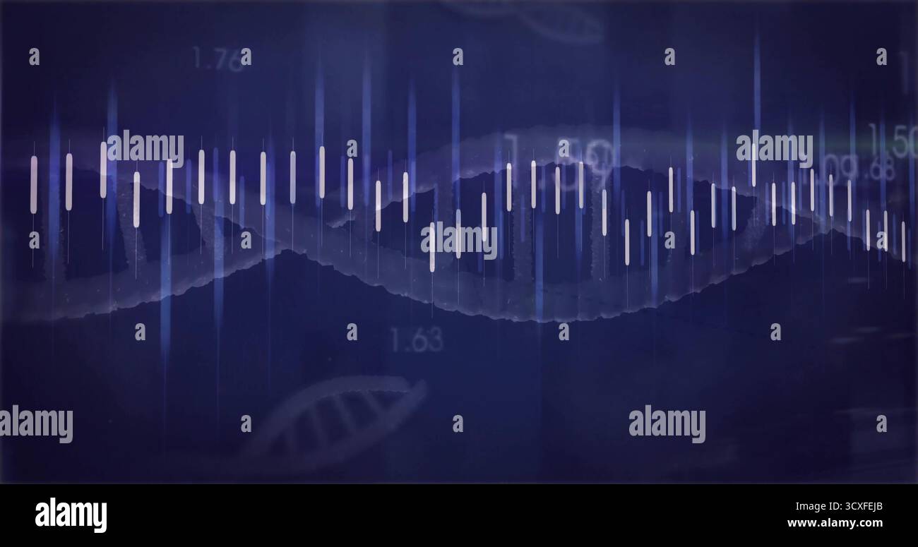 Displaying data bar chart and waveform on purple gradient canvas, with numeric labels and DNA icon Stock Photo