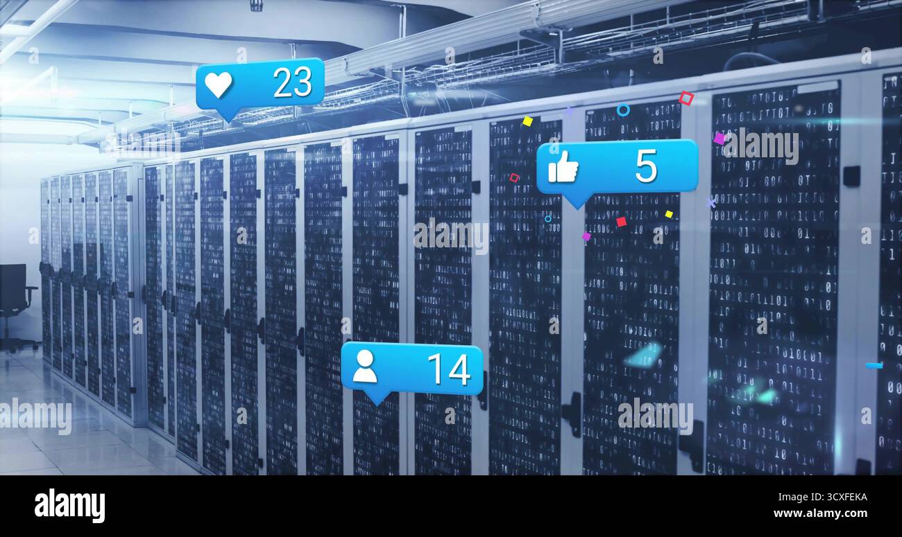 Displaying server racks streaming binary digits at data center, showing blue notification icons Stock Photo