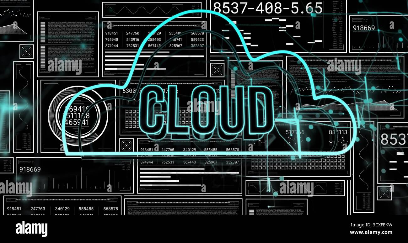 Showing neon CLOUD icon streaming data across dark digital interface, with multiple data panels Stock Photo