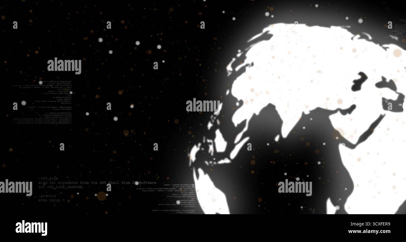 Spinning digital globe projecting code fragments and scattered light particles in space, copy space Stock Photo