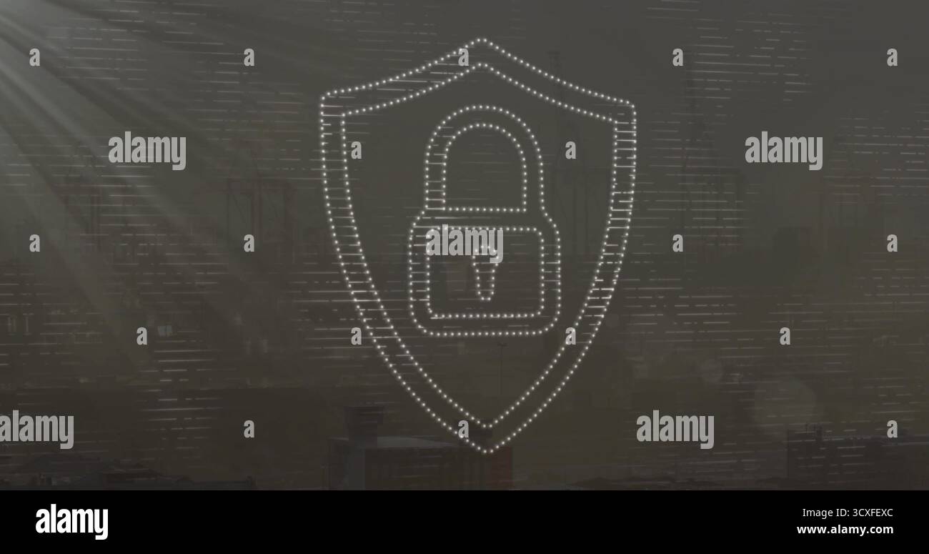 Displaying dotted-line shield and padlock icons hovering over dim urban ...