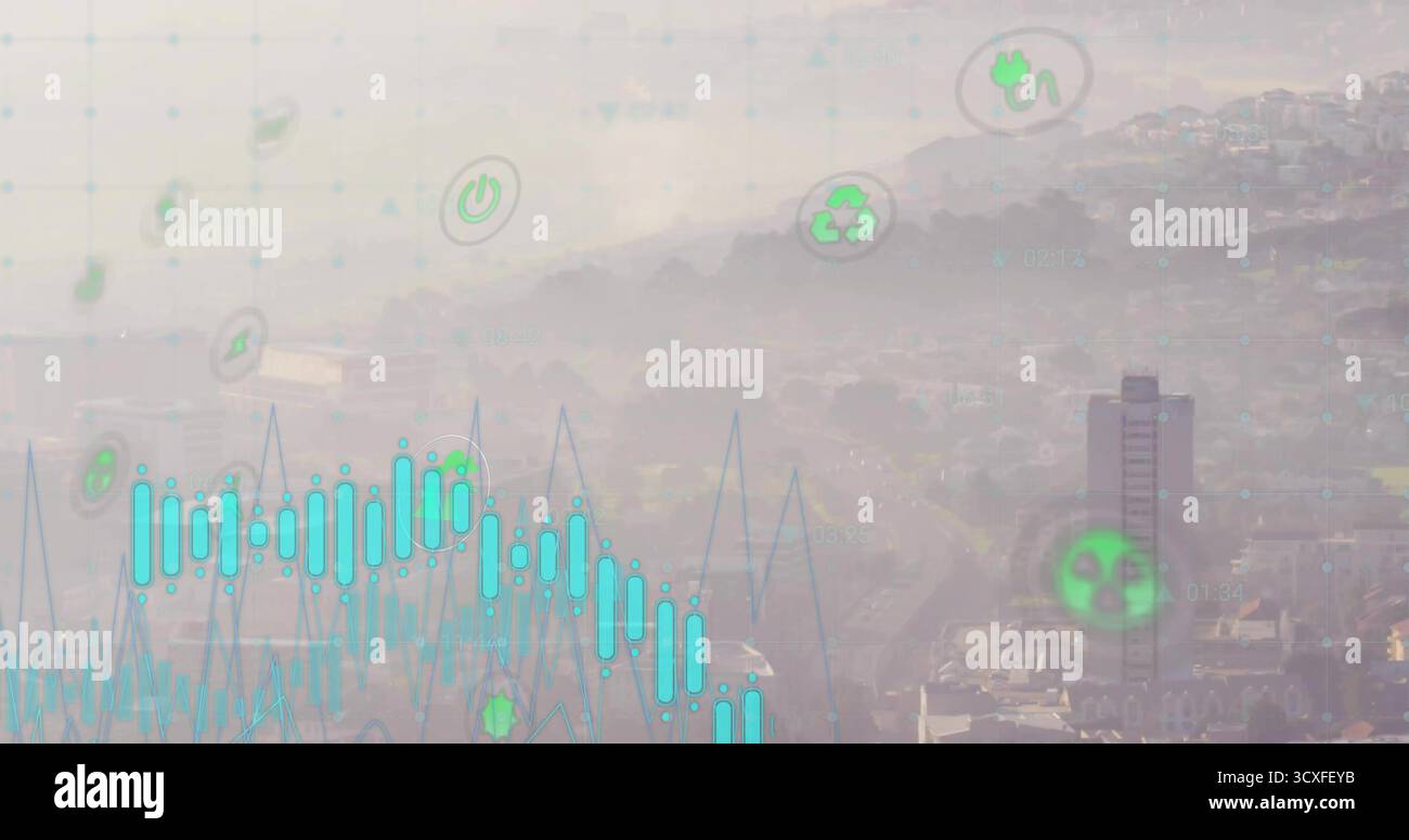 Displaying digital graph overlay on hazy city valley, with line graph ...