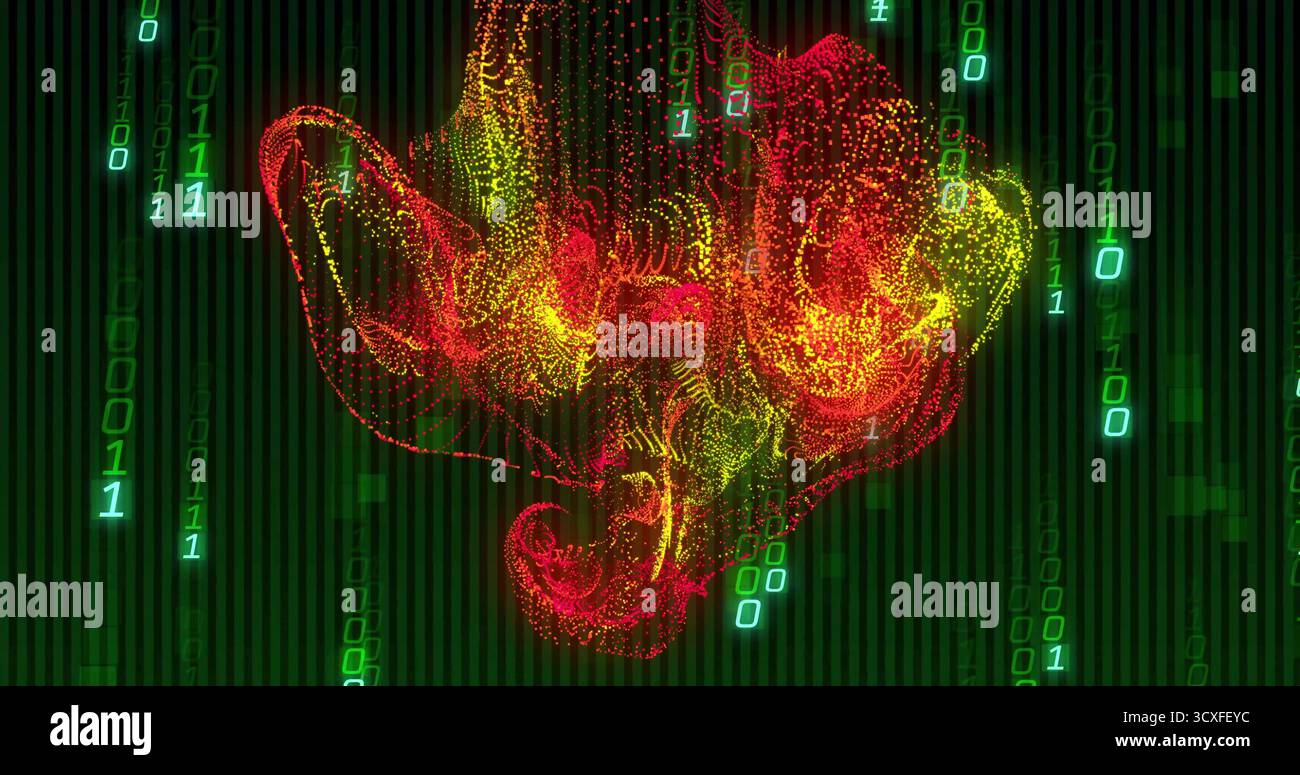 Swirling glowing particle cloud hovering in virtual matrix, with binary digits and code streams Stock Photo
