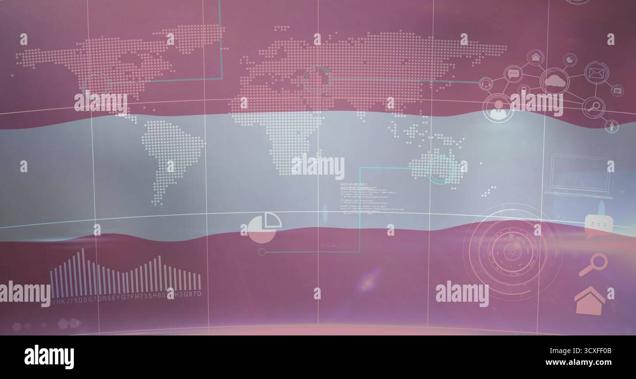 Displaying interface with dotted world map over pink waves featuring pie chart and house icon Stock Photo