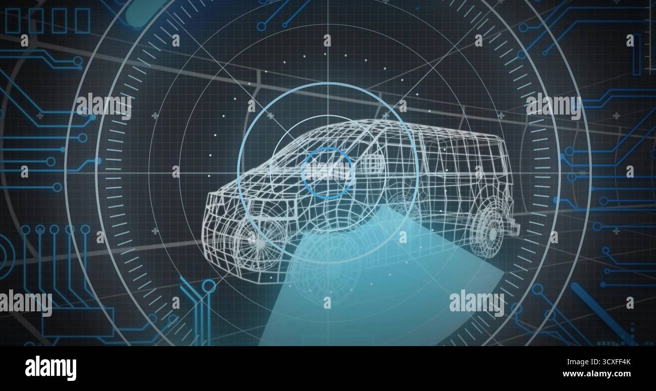 Rendering wireframe 3D SUV in dark grid interface with HUD overlays, circuit lines projection cone Stock Photo