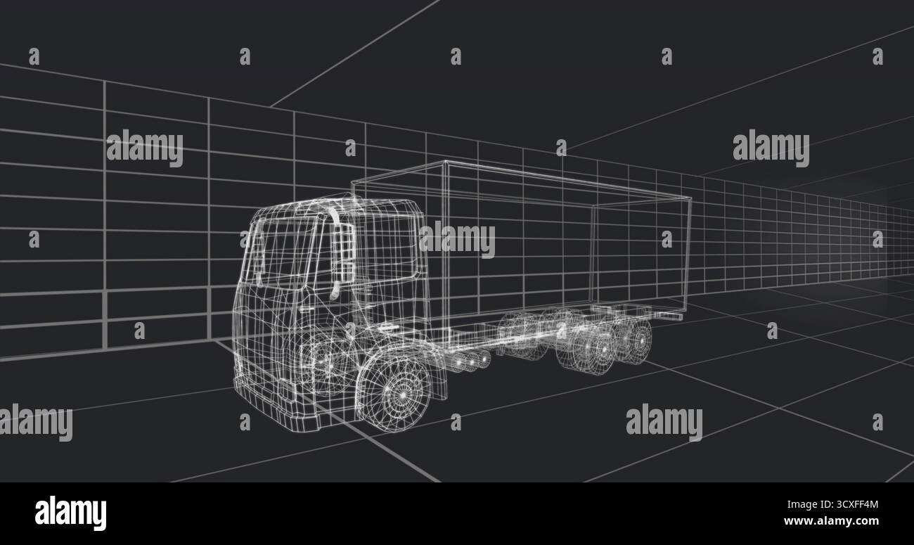 Displaying wireframe box truck model in 3D modeling workspace, showing grid floor walls ceiling Stock Photo