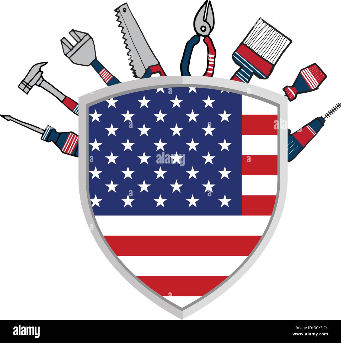 construction tools shield with usa flag isolated icon vector illustration design Stock Vector