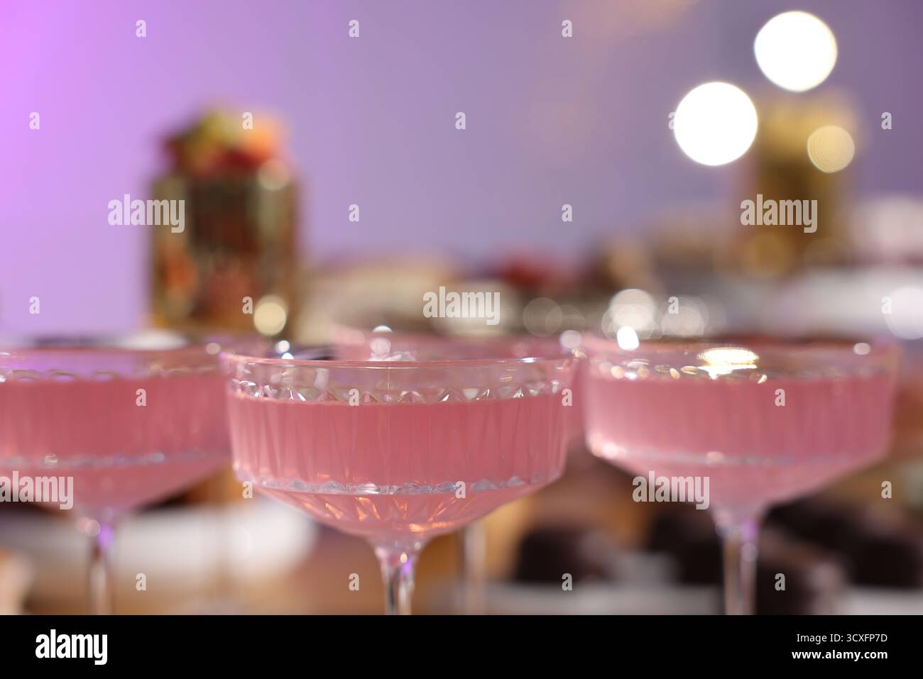 Buffet menu. Delicious desserts and drinks on table, selective focus Stock Photo