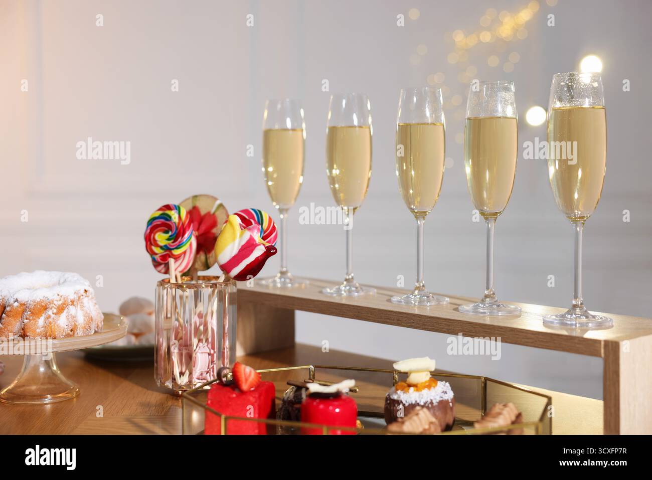 Buffet menu. Delicious desserts and drinks on table Stock Photo