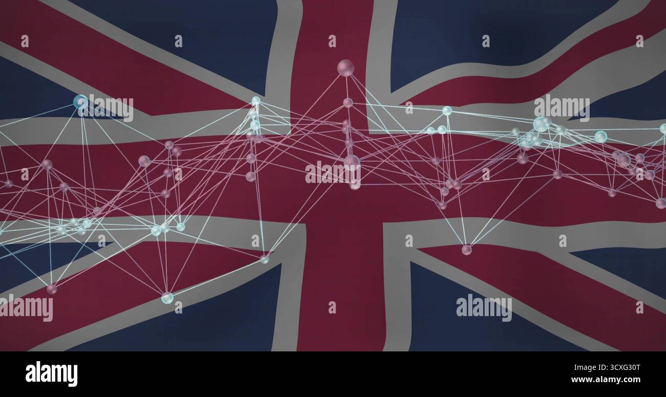 Floating translucent spheres and glowing lines over digital Union Jack background, data graph Stock Photo
