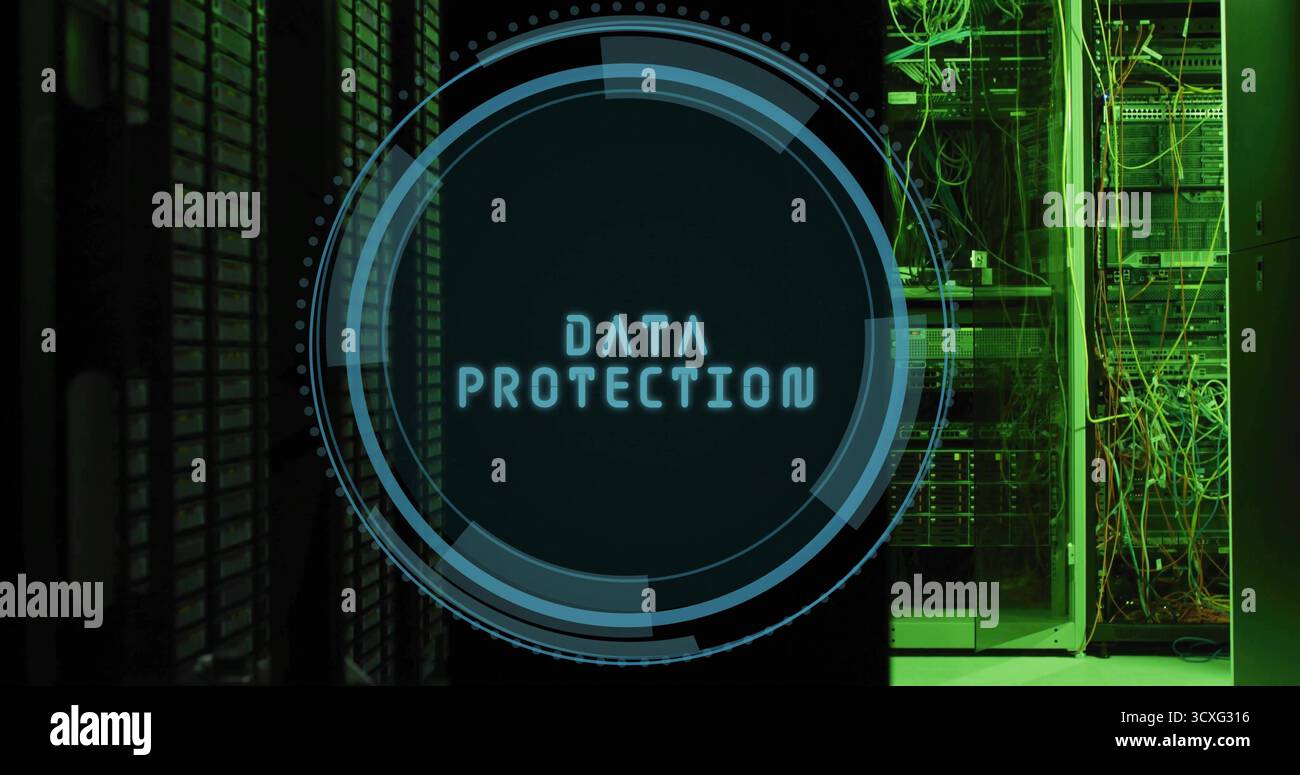 Displaying translucent overlay showing DATA PROTECTION at data center, with network cables Stock Photo
