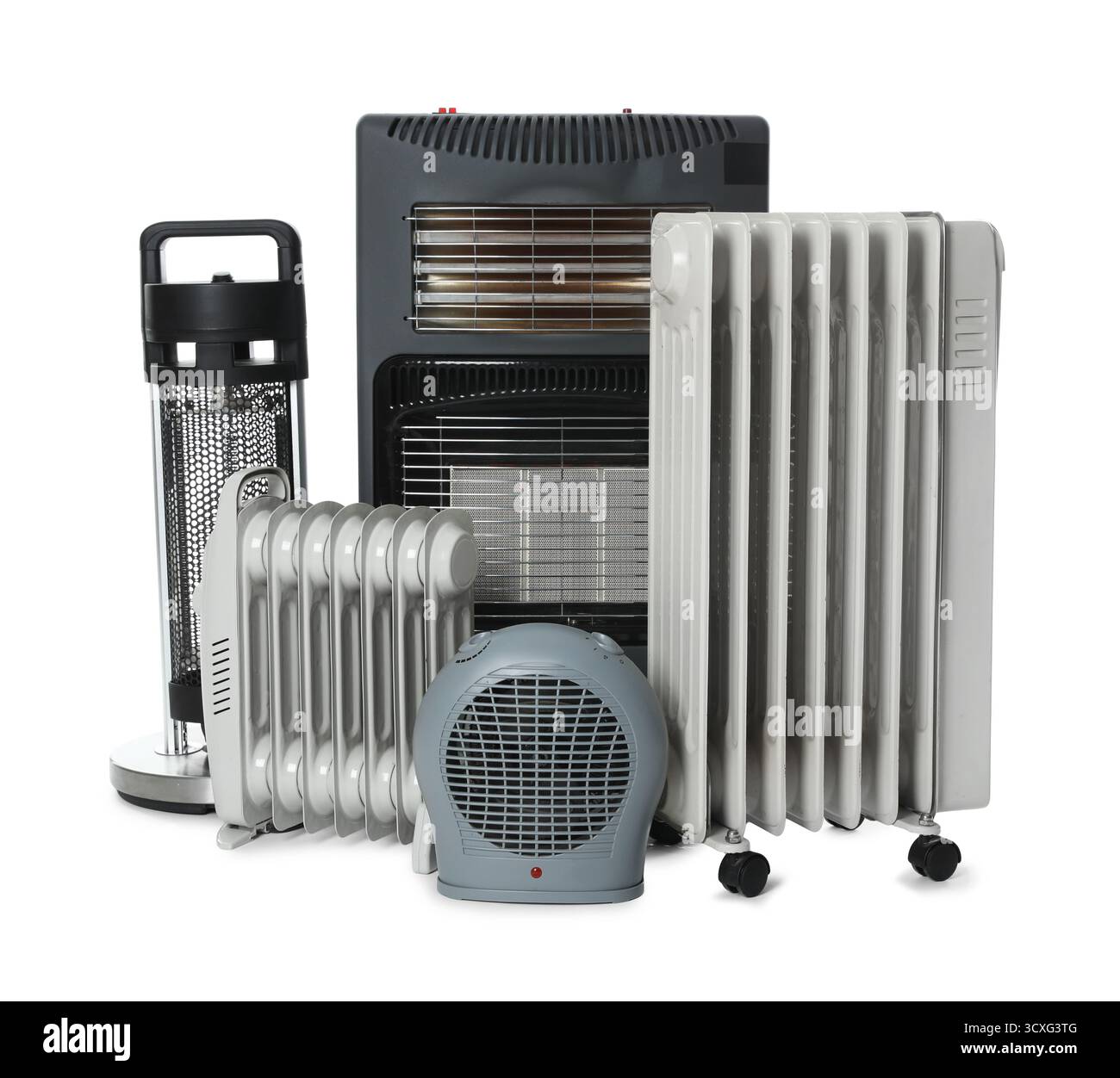 Different types of electric heaters isolated on white Stock Photo - Alamy