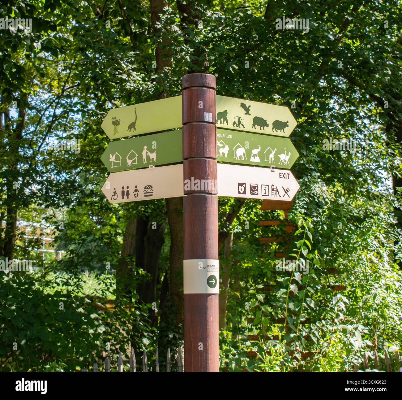 Wooden signpost at Berlin Zoo features multiple green and beige ...
