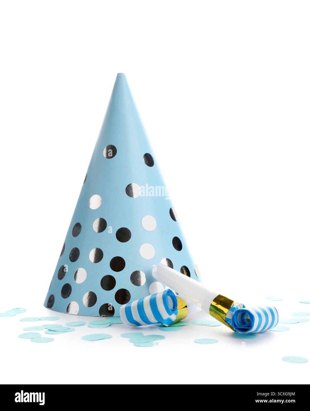 Blue party hat with confetti and whistles on white background Stock ...