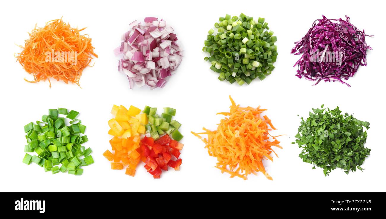 Chopped food texture. Different cut vegetables isolated on white, set ...