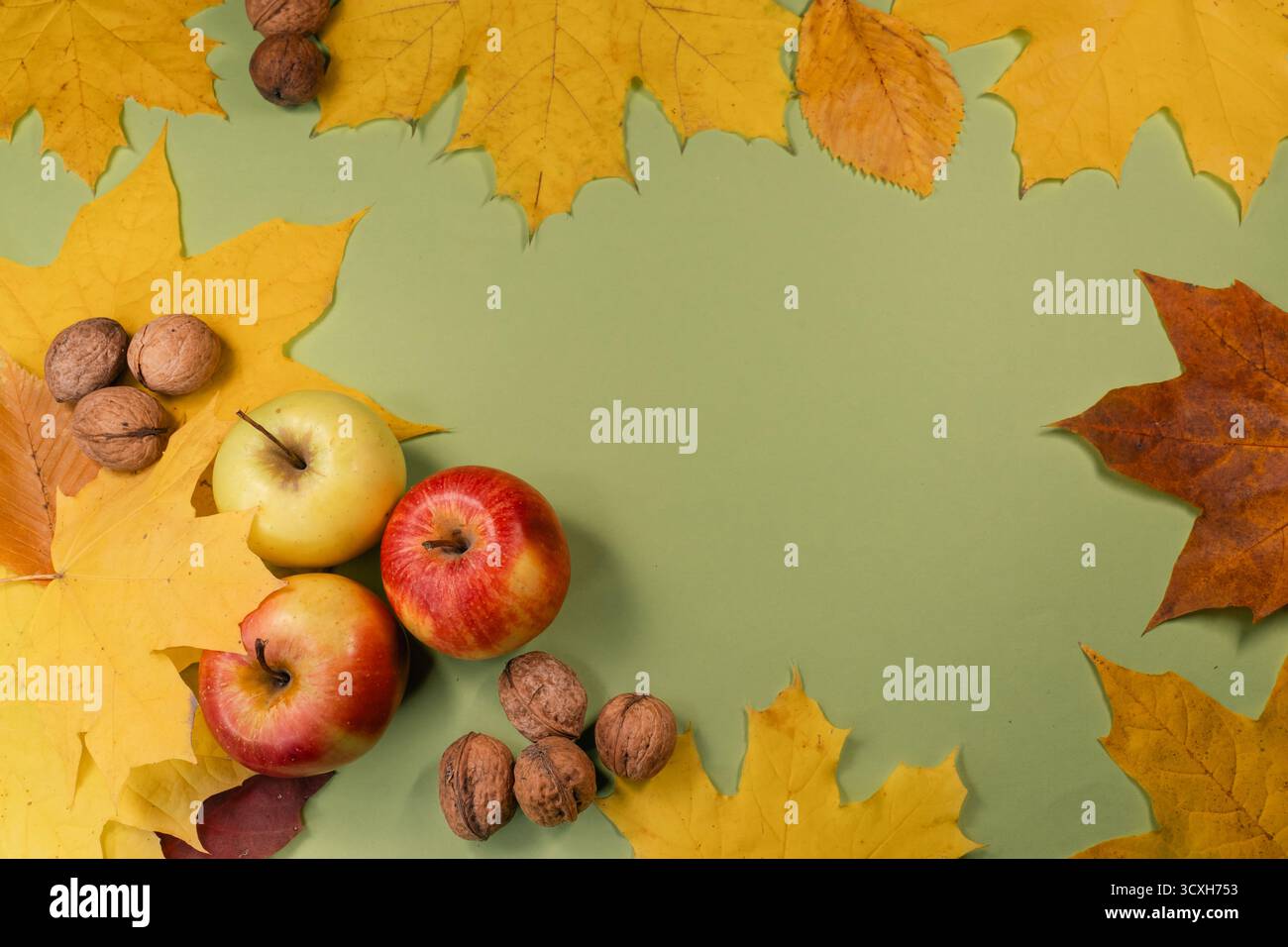 Autumn Harvest Composition with Apples, Walnuts, and Maple Leaves Stock Photo