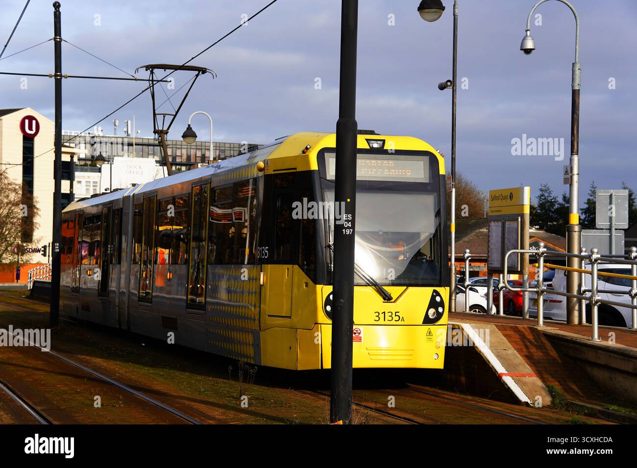 Metrolink tram at Salford Quays station in Manchester, captured on 9th ...