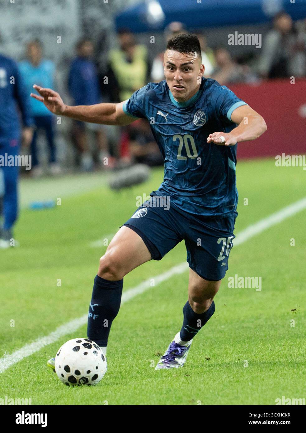 Seoul, South Korea. 14th Oct, 2025. Paraguay player Braian Ojeda (20), dribbles the ball during a International friendly soccer match between South Korea and Paraguay at the Seoul World Cup Stadium in Seoul, South Korea on October 14, 2025. Score South Korea-Paraguay 2-0. (Photo by Lee Young-ho/Sipa USA) Credit: Sipa USA/Alamy Live News Stock Photo